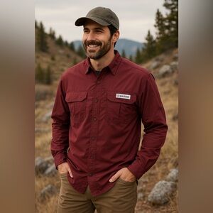 Magellan Outdoors Gorpcore Gear Burgundy Vented Fishing Shirt Men L Rugged Hunt